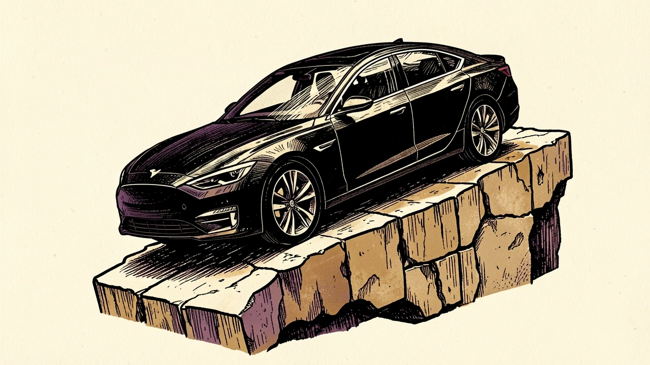 Tesla registrations in France: an electric sedan angled upward on a stone pedestal shaped like France.