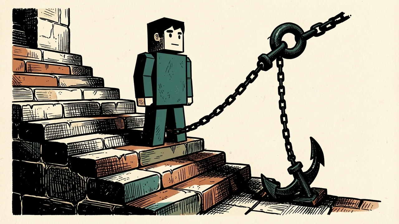 Roblox under pressure after a Jefferies downgrade: a blocky avatar figure on a stone staircase being pulled down by a heavy anchor.