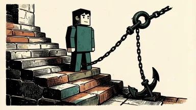 Roblox under pressure after a Jefferies downgrade: a blocky avatar figure on a stone staircase being pulled down by a heavy anchor.