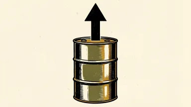 US crude oil rises above $100 a barrel, depicted by a barrel with an upward arrow.