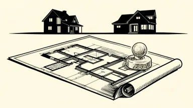 Toll Brothers luxury home development: an architectural blueprint unrolled on a surface with a house silhouette in the distance.