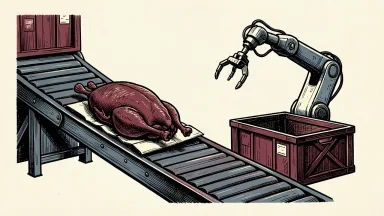 Walmart's automated warehouse faces packaging hurdles with a stuck frozen turkey and a paused robotic arm.