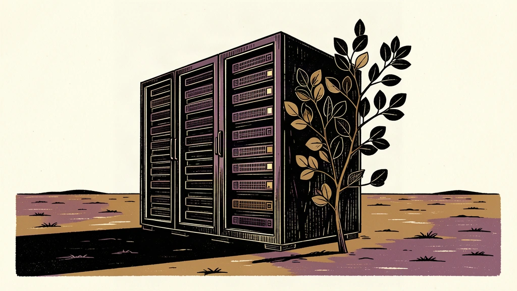 A tall server rack stands in a vast, empty landscape with a single eucalyptus branch leaning against it.
