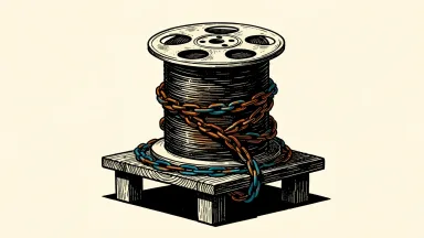Paramount Skydance and Warner Bros. Discovery under pressure from high leverage: a film reel canister bound by a heavy iron chain on a bowing platform.