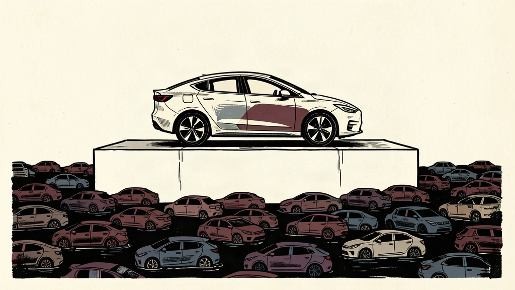 An editorial illustration showing one electric car standing on a high ledge while many other cars are stuck in a low, dark valley.