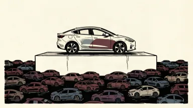 An editorial illustration showing one electric car standing on a high ledge while many other cars are stuck in a low, dark valley.