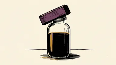 AbbVie updates guidance following a research expense: a large pharmaceutical vial tilted under the weight of a heavy solid block.