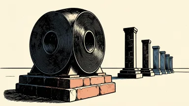 Cleveland-Cliffs outlook: a large steel coil on a stone pedestal with taller pedestals rising in the background.
