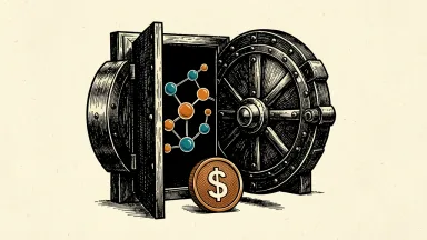 Simulations Plus taken private by Altaris: a molecular model sits inside a heavy vault door with a single large coin on the threshold.