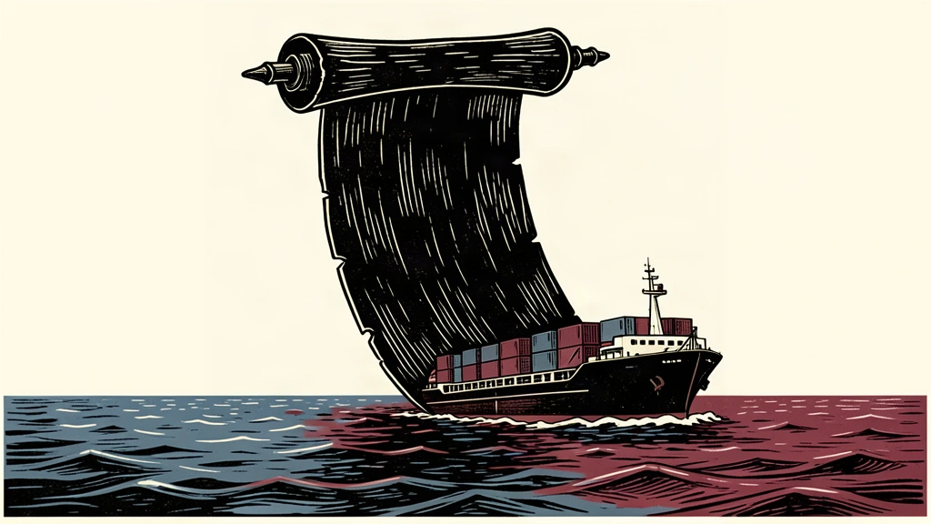 An editorial illustration showing a large cargo ship being blocked by a massive, blank scroll unfurling from above.