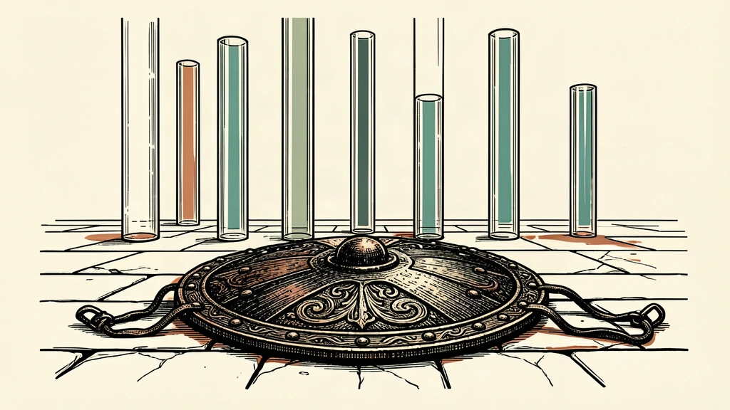 An editorial illustration showing a discarded shield lying flat on the ground while tall glass towers rise behind it without any barriers.
