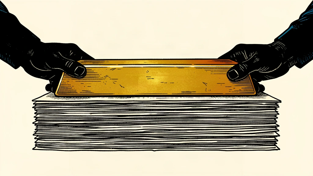 A large gold bar being held by two silhouetted hands against a stack of paper.