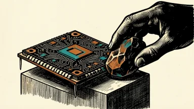 Marvell Technology upgraded to Buy: a large semiconductor chip on a pedestal beside a rising platform.