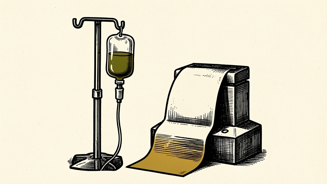 Option Care Health resumes trading: a medical IV infusion bag stands next to a stock ticker tape that is unspooling from a machine.