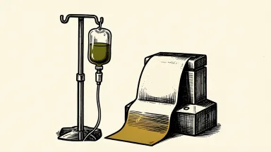 Option Care Health resumes trading: a medical IV infusion bag stands next to a stock ticker tape that is unspooling from a machine.
