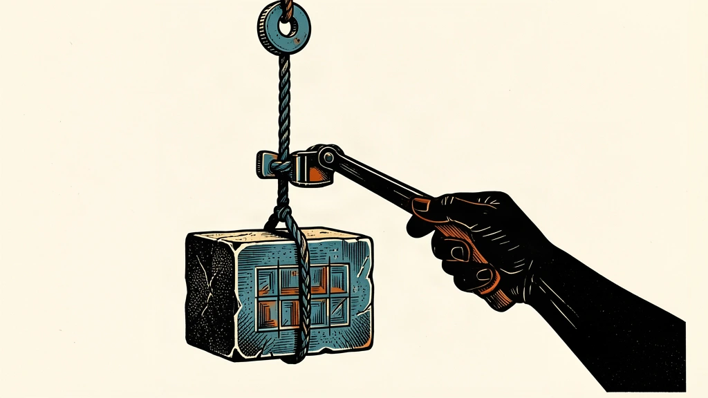 An editorial illustration showing a heavy market block being restrained by a mechanical brake as interest rates rise.