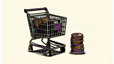 Kroger workforce reduction to fund frontline investment shown as a full grocery cart beside a stack of coins.