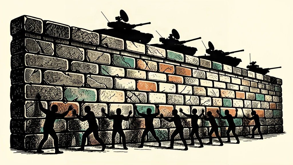 An editorial illustration showing a massive defensive wall supporting armored vehicles, while a few small figures unsuccessfully try to push it over.
