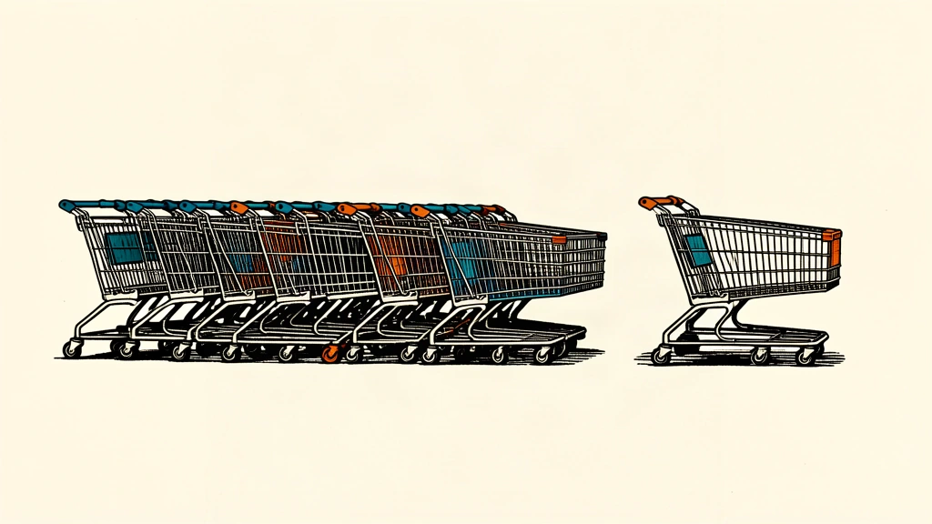 A linocut illustration showing a line of shopping carts where the last cart is falling behind the others, representing slowing growth in consumer spending.
