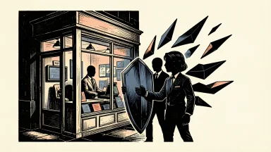 Bank of America fraud-awareness initiative: a large shield protects a small storefront from sharp geometric shapes.