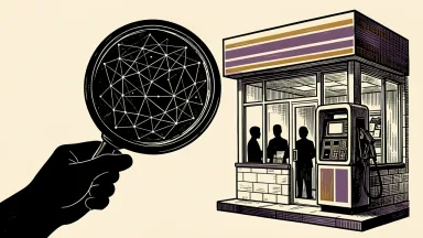 NIQ providing customer insights to Maverik: a magnifying glass held by a silhouette hand focuses on a convenience store and fuel pump to reveal a grid of data points.