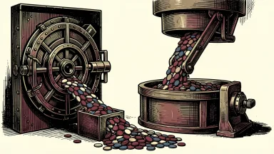 Coastal Financial managing deposit shifts: a bank vault being replenished by an overhead flow of coins controlled by a large lever as another stream exits.