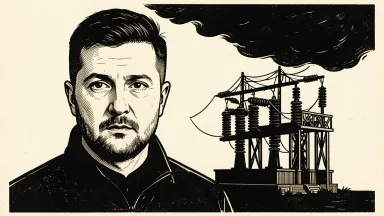 Volodymyr Zelensky warns of threats to western Ukraine: a portrait of Zelensky beside an intact power substation under a looming dark shadow. Identity photo references adapted into illustration: President Of Ukraine from Україна (CC0; http://creativecommons.org/publicdomain/zero/1.0/deed.en); source https://commons.wikimedia.org/wiki/File:2025_Volodymyr_Zelenskyy_(cropped).jpg