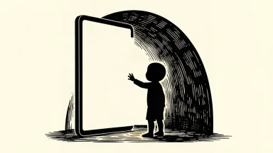 An editorial illustration showing a child silhouette protected by a large ink-black dome while interacting with a blank tablet screen.