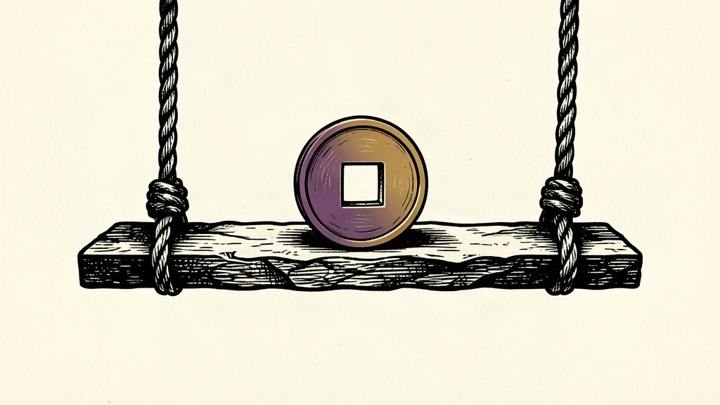 An editorial illustration showing a Chinese coin with a square hole balanced on a suspended stone beam, representing the PBOC's yuan midpoint fixing.