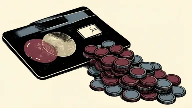 Mastercard quarterly cash dividend: a payment card with the company's circular motif dispensing a pile of coins.