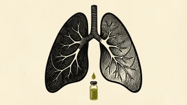 Bristol Myers Squibb's Admilparant trial success: a medical vial sits before a lung silhouette where a dense hatched texture clears into a smooth space.