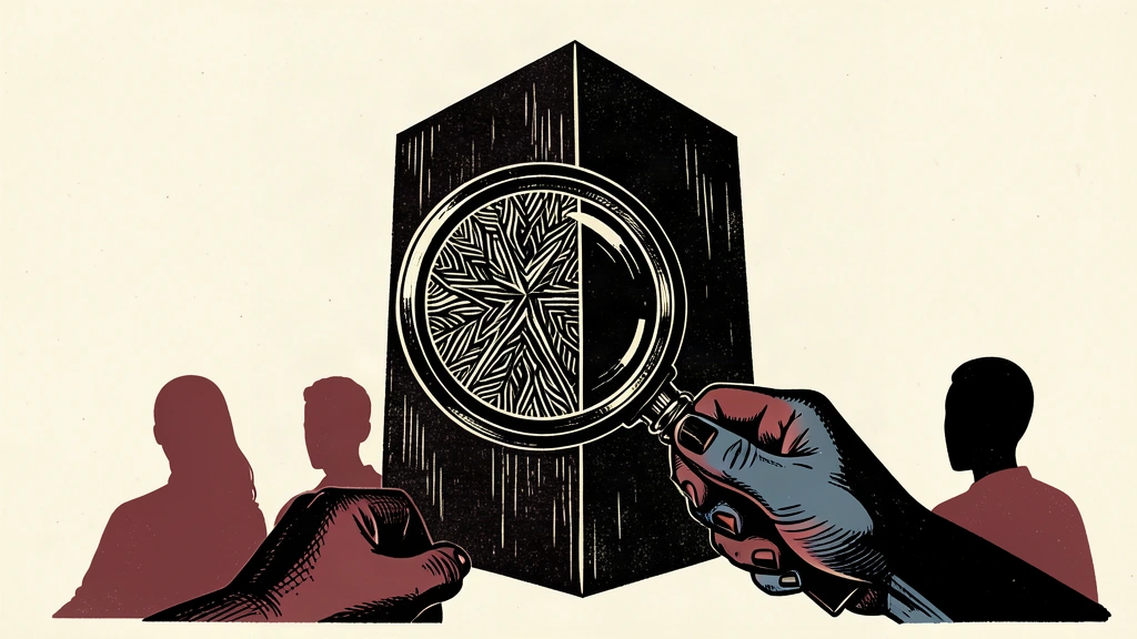 An editorial illustration showing a large dark monolith being inspected by a magnifying glass held by hands, representing an independent security investigation.