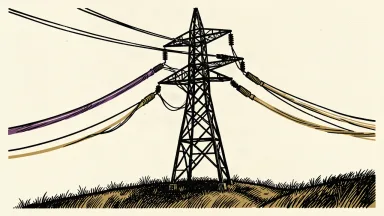 PPL Electric Utilities modernizing the power grid: a new, glowing transmission line being threaded through a sensor on a steel utility tower.
