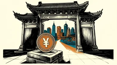 PBOC opening RMB trading: a large traditional gate stands open before a stylized financial market with a yuan coin on a pedestal.