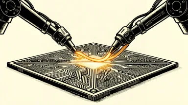 An editorial illustration showing two mechanical arms weaving a cable into a large silicon wafer, representing the deepening design ties between chip manufacturers and software partners.