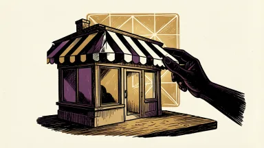 Meta Muse for Small Business: a small storefront under the protective glow of a large geometric tile being positioned by a hand.
