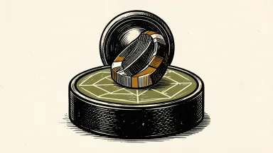 DraftKings sponsorship of NHL on Prime: a betting chip stacked on a hockey puck in front of a broadcast camera lens.