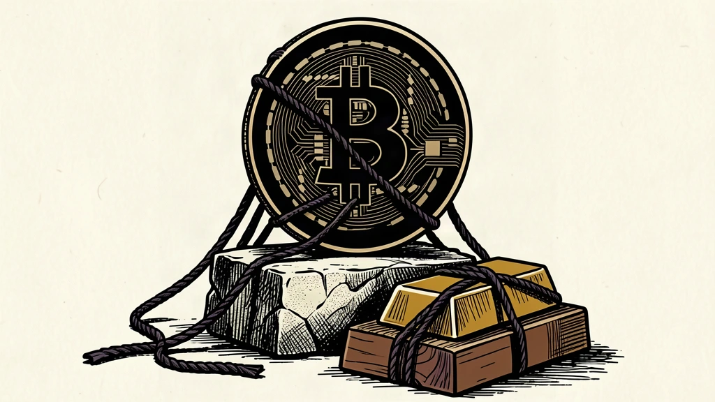 An editorial illustration showing a Bitcoin coin being released from heavy ropes on a high pedestal, while a gold bar remains bound on a lower support.