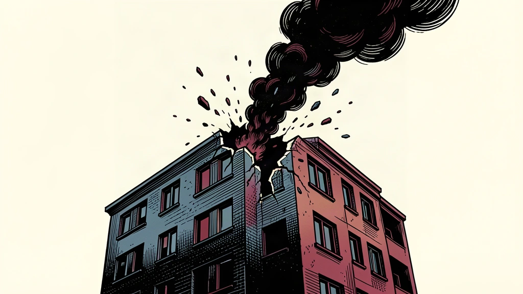 An editorial illustration of a damaged city building with smoke rising from a fresh impact site.