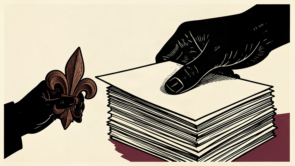 An editorial illustration showing a large hand attempting to seize a trade document while a smaller hand protects a fleur-de-lis symbol.