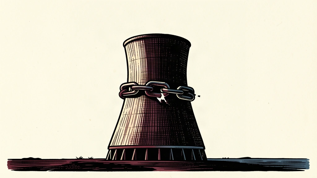 An editorial illustration showing a nuclear cooling tower with a large chain link pulling away from its binding, symbolizing a potential exit from a treaty.