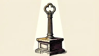 Franklin Templeton coverage resumed with a Buy rating: a large ornate key with a column-shaped handle rests on a stone pedestal under a spotlight.