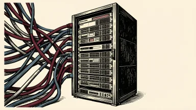 Arista Networks AI infrastructure: a tall server rack with networking modules connected by a dense, woven fabric of Ethernet cables.