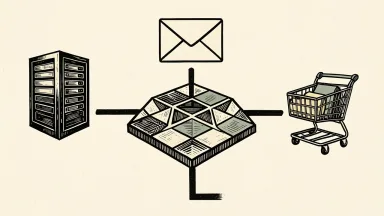 GoDaddy expands its developer platform: a central hub connected to hosting, email, and commerce icons by solid lines.