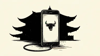 Webull Corporation facing a class action over alleged China ties: a smartphone with a bull icon casts a shadow shaped like a pagoda roof.