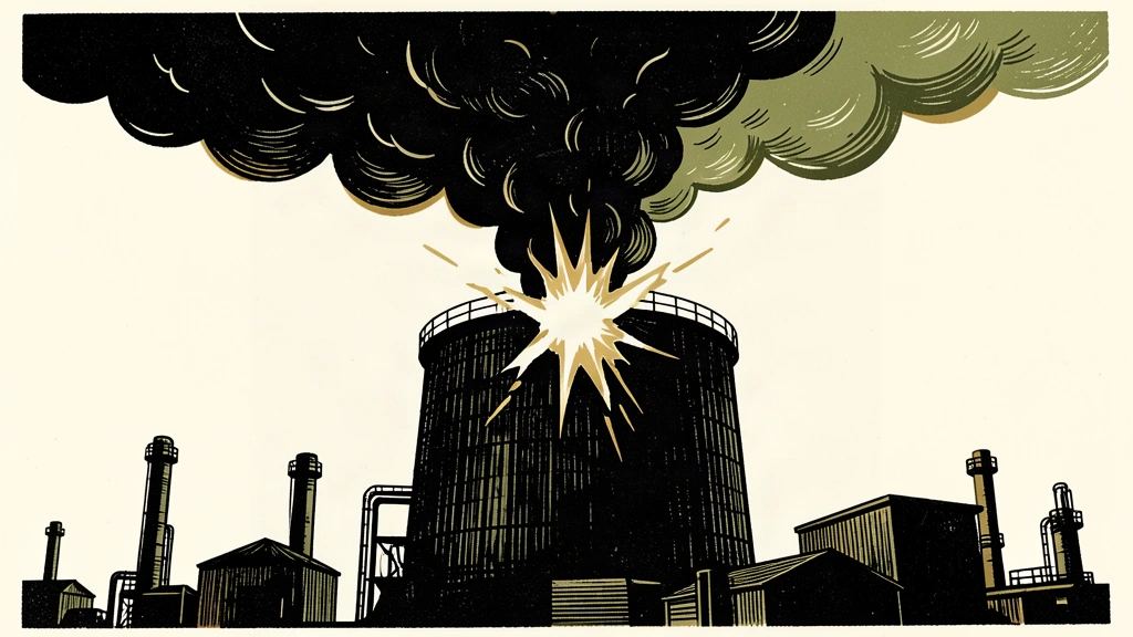 An editorial illustration showing a large industrial refinery silo with a dark smoke plume rising from a jagged rupture in its side.