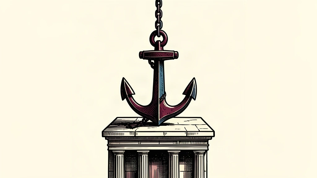 An editorial illustration of a heavy iron anchor secured to a stone bank pedestal, representing a long-term interest rate hold.
