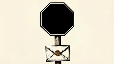 NexGel Inc. trading halt pending news: a blank octagonal sign on a post stands over a sealed envelope.