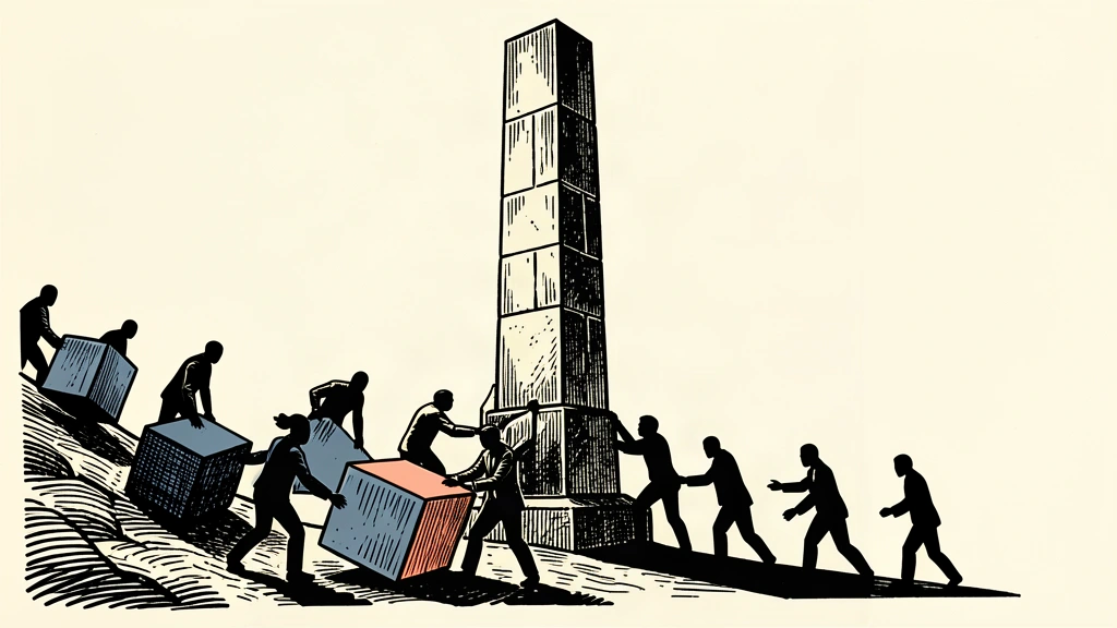 An editorial illustration showing a massive stone pillar casting a shadow over market blocks being moved by silhouettes.