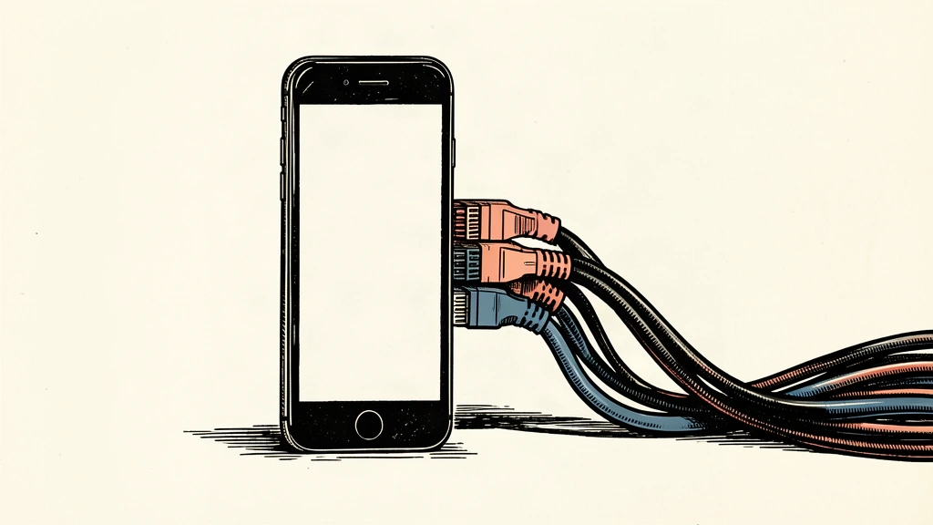 An editorial illustration showing a smartphone being connected to a heavy industrial network cable bundle.